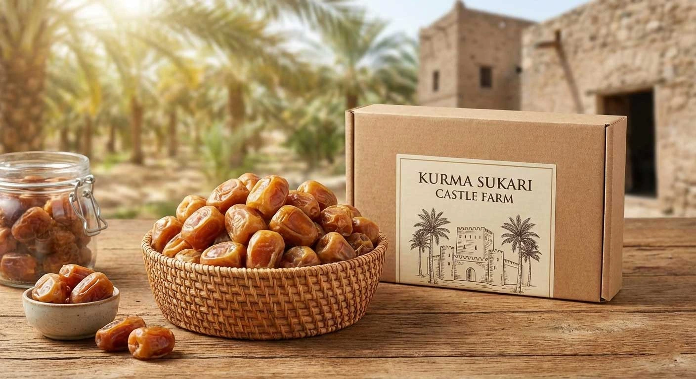 Kurma Sukari Castle Farm dengan tekstur lembut dan rasa manis alami seperti karamel